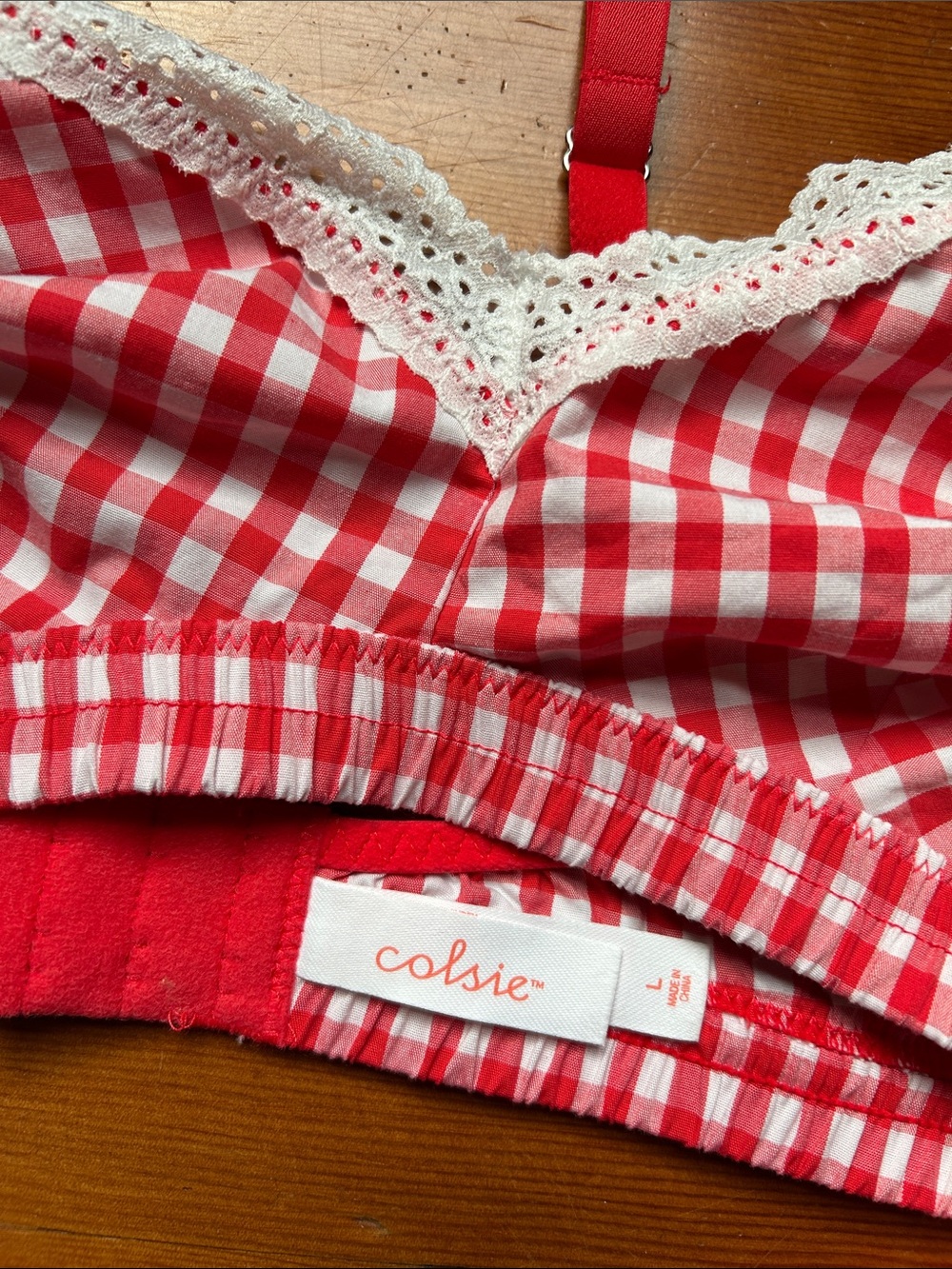 Colsie Red Gingham Lace-Trim Bralette & Shorts Set - Picture 3 of 3